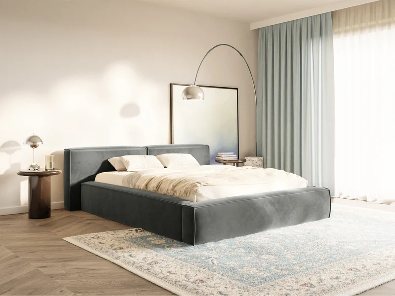 Polsterbett 140x200 cm Tilves Low mit Stauraum, Metallrahmen, grauer Samt