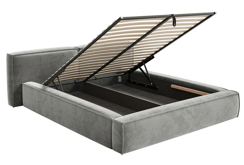 Polsterbett 140x200 cm Tilves Low mit Stauraum, Metallrahmen, grauer Samt