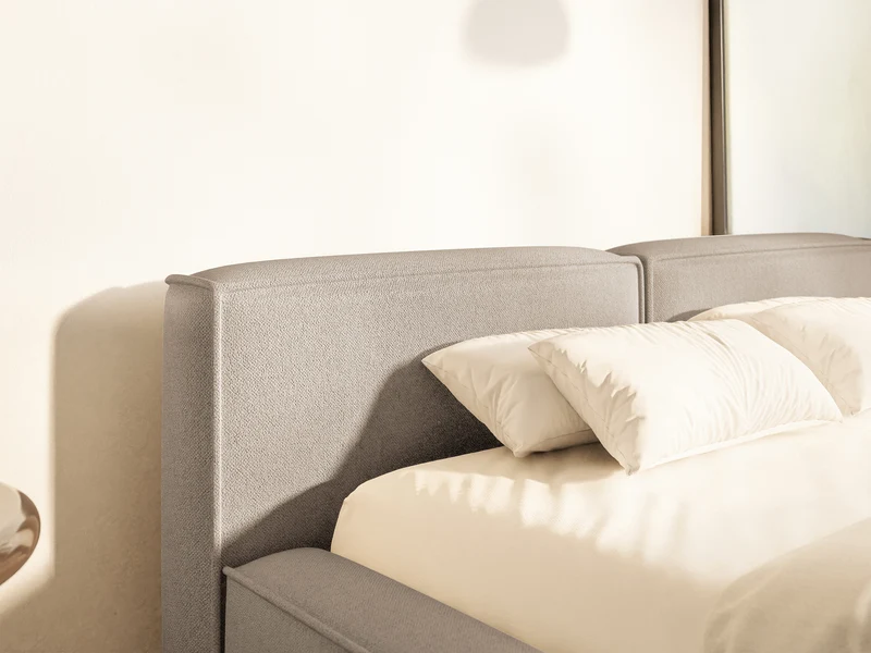 Polsterbett 200x200 cm Tilves Slim Low mit Stauraum, Metallrahmen, beige Chenille