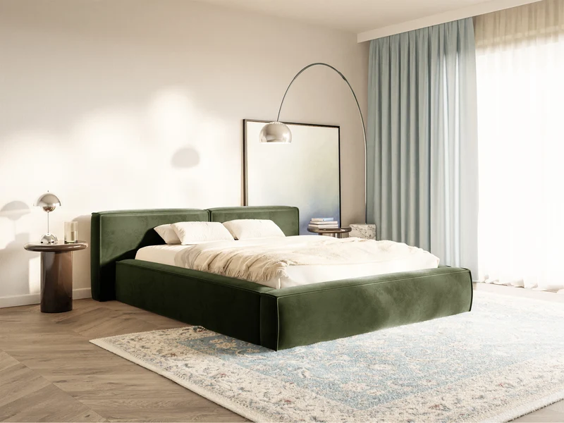Polsterbett 180x200 cm Tilves Low mit Stauraum, Metallrahmen, olivgrüner Samt