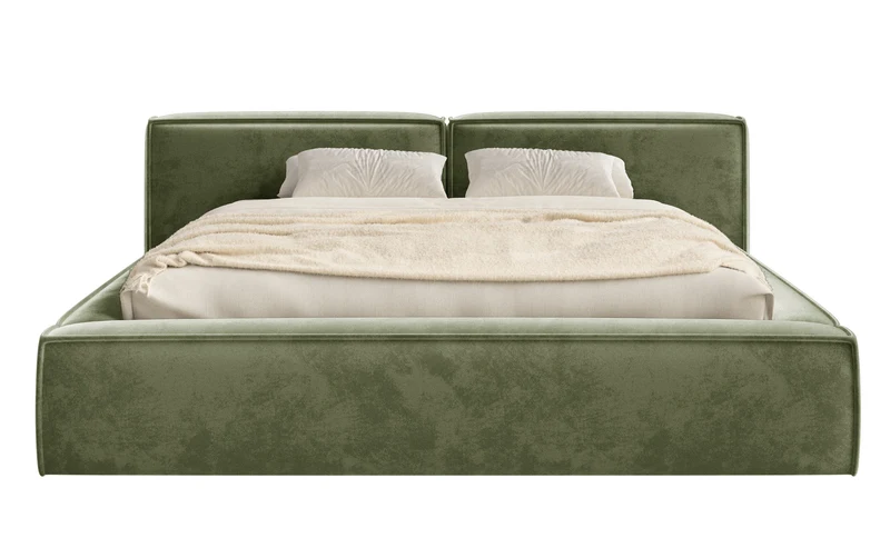 Polsterbett 180x200 cm Tilves Low mit Stauraum, Metallrahmen, olivgrüner Samt