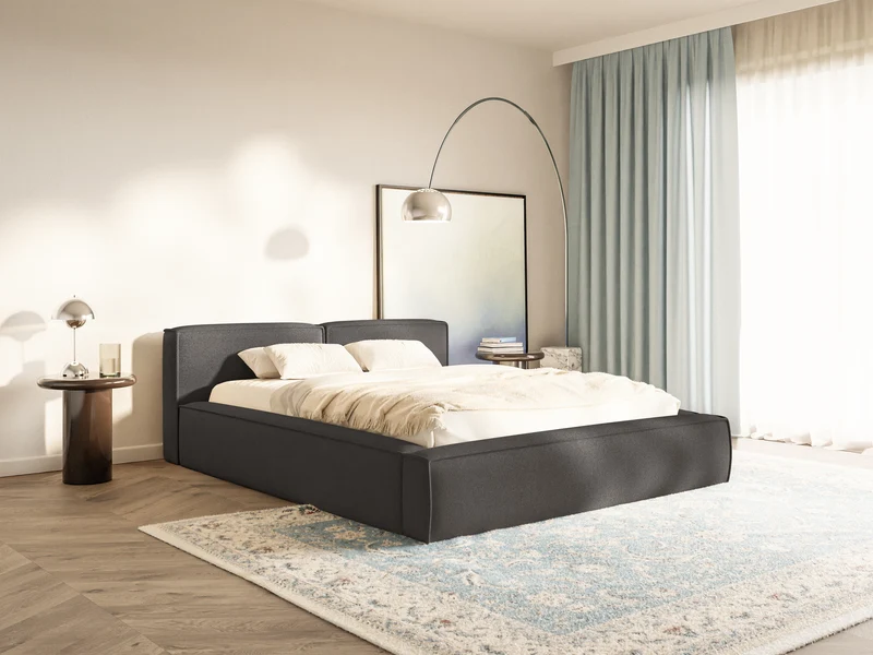 Polsterbett 180x200 cm Tilves Slim Low mit Stauraum, Metallrahmen, graphitfarbenes Chenille