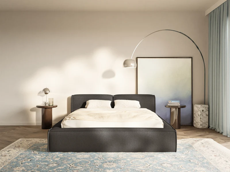 Polsterbett 180x200 cm Tilves Slim Low mit Stauraum, Metallrahmen, graphitfarbenes Chenille