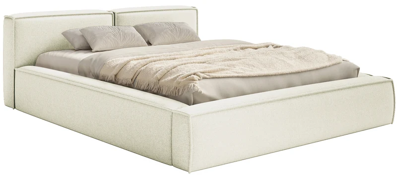 Polsterbett 140x200 cm Tilves Slim Low mit Stauraum, Metallrahmen, cremefarbener Chenillestoff