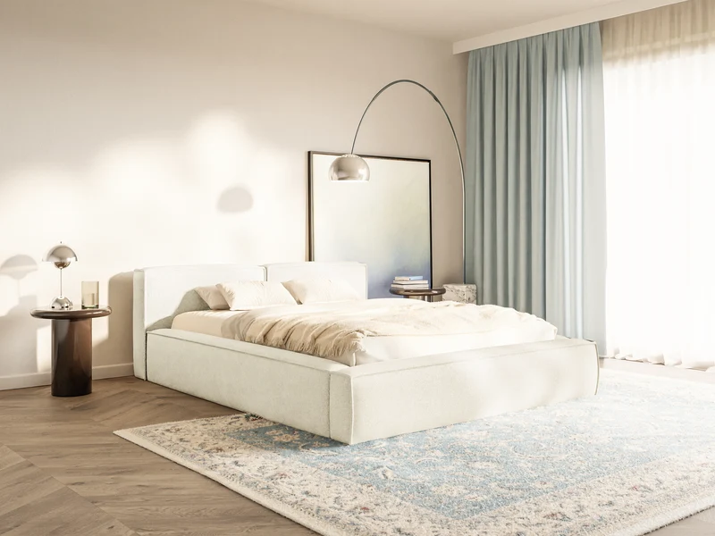 Polsterbett 140x200 cm Tilves Slim Low mit Stauraum, Metallrahmen, cremefarbener Chenillestoff