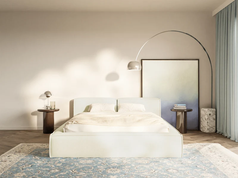 Polsterbett 140x200 cm Tilves Slim Low mit Stauraum, Metallrahmen, cremefarbener Chenillestoff