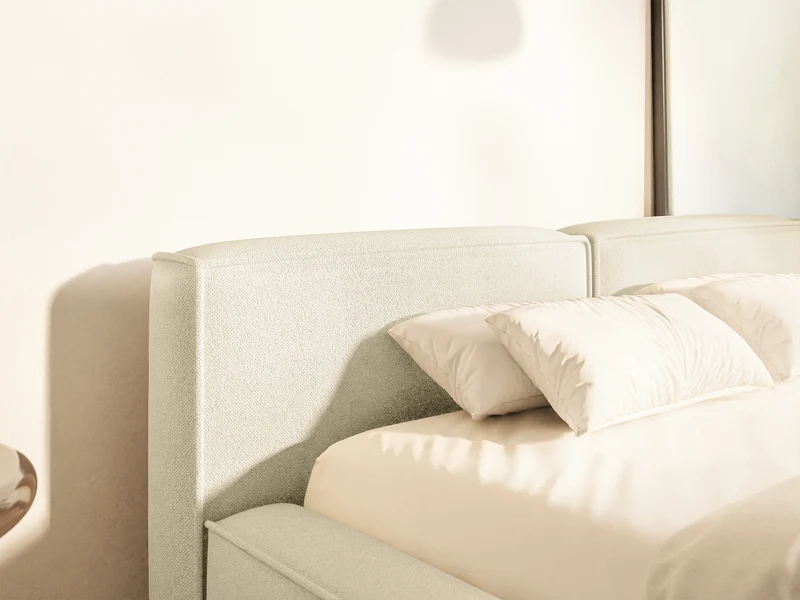 Polsterbett 140x200 cm Tilves Slim Low mit Stauraum, Metallrahmen, cremefarbener Chenillestoff