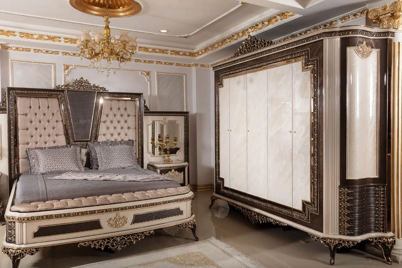 Casa Padrino Luxus Barock Schlafzimmerschrank Creme / Dunkelbraun / Gold 293 cm