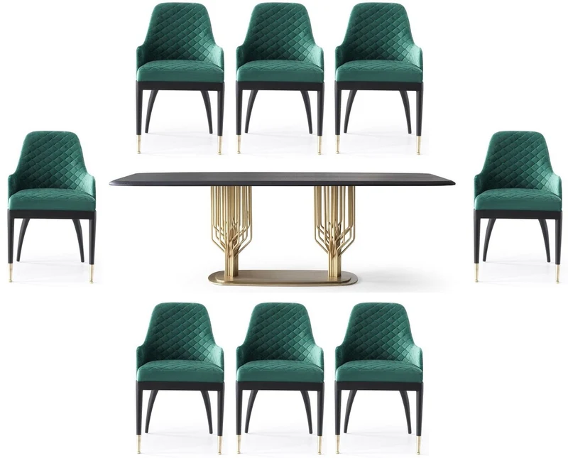 Casa Padrino Luxus Esszimmer Set Grün / Schwarz / Messing - 1 Luxus Esstisch & 8 Luxus Esszimmerstühle - Esszimmer Möbel - Luxus Möbel - Luxus Kollektion