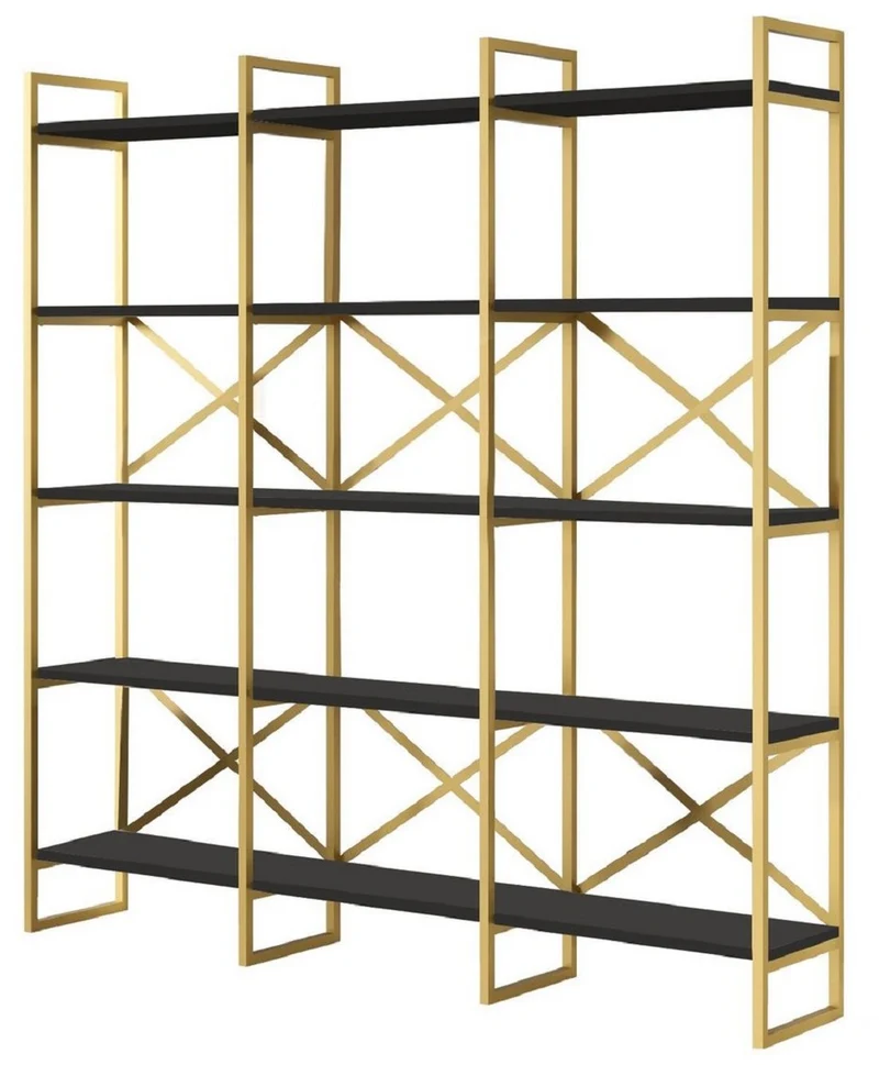 Casa Padrino Luxus Regalschrank mit Massivholz Regalen Gold / Schwarz 170 x 30 x H. 175 cm - Bücherschrank - Wohnzimmer Schrank - Büro Schrank - Wohnzimmer Möbel - Büro Möbel - Luxus Möbel