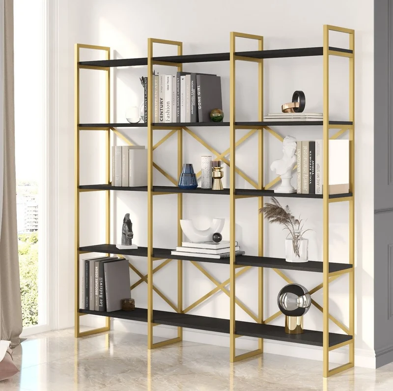 Casa Padrino Luxus Regalschrank mit Massivholz Regalen Gold / Schwarz 170 x 30 x H. 175 cm - Bücherschrank - Wohnzimmer Schrank - Büro Schrank - Wohnzimmer Möbel - Büro Möbel - Luxus Möbel