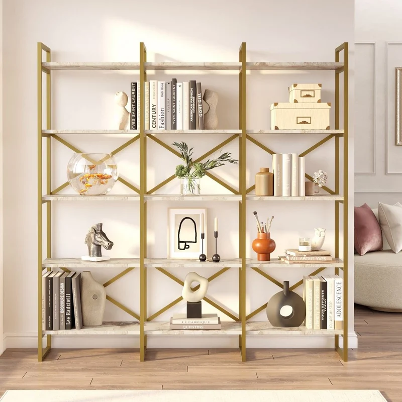 Casa Padrino Luxus Regalschrank mit Marmor Regalen Gold / Weiß 170 x 30 x H. 175 cm - Bücherschrank - Wohnzimmer Schrank - Büro Schrank - Wohnzimmer Möbel - Büro Möbel - Luxus Möbel