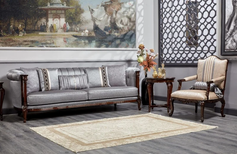 Casa Padrino Luxus Barock Sofa Silber / Dunkelbraun - Prunkvolles Wohnzimmer Sofa - Barockstil Wohnzimmer Möbel - Luxus Möbel im Barockstil - Barock Einrichtung - Edel & Prunkvoll
