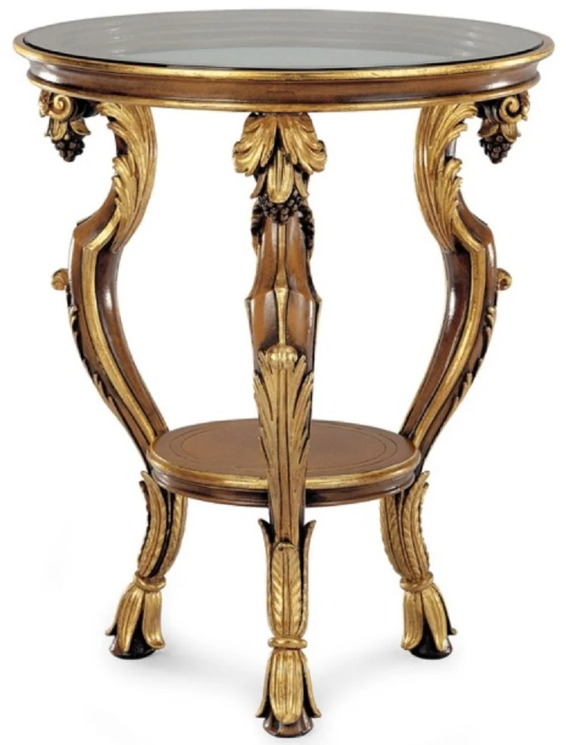 Casa Padrino Luxus Barock Beistelltisch Antik Braun / Antik Gold / Schwarz - Prunkvoller Barockstil 3-Bein Massivholz Tisch mit Glasplatte - Luxus Möbel im Barockstil - Made in Italy