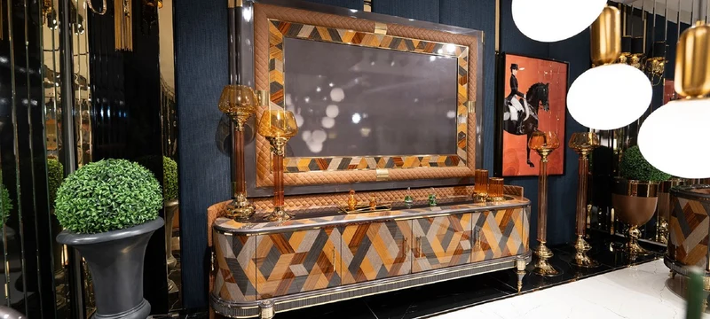 Casa Padrino Luxus Art Deco TV Schrank Set Mehrfarbig / Braun / Grau / Gold - Massivholz Wohnzimmer Sideboard mit TV Rückwand - Luxus Art Deco Wohnzimmer Möbel