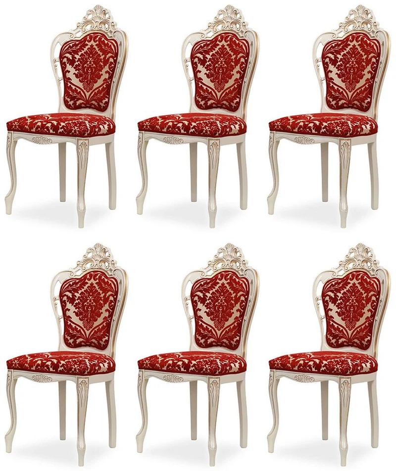 Casa Padrino Luxus Barock Esszimmer Stuhl 6er Set mit elegantem Muster Rot / Weiß / Beige / Gold - Barockstil Küchen Stühle - Prunkvolle Luxus Esszimmer Möbel im Barockstil - Edel & Prunkvoll