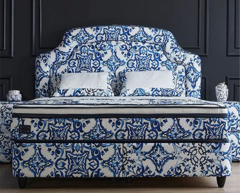 Casa Padrino Luxus Art Deco Doppelbett Weiß / Blau / Schwarz - Verschiedene Größen