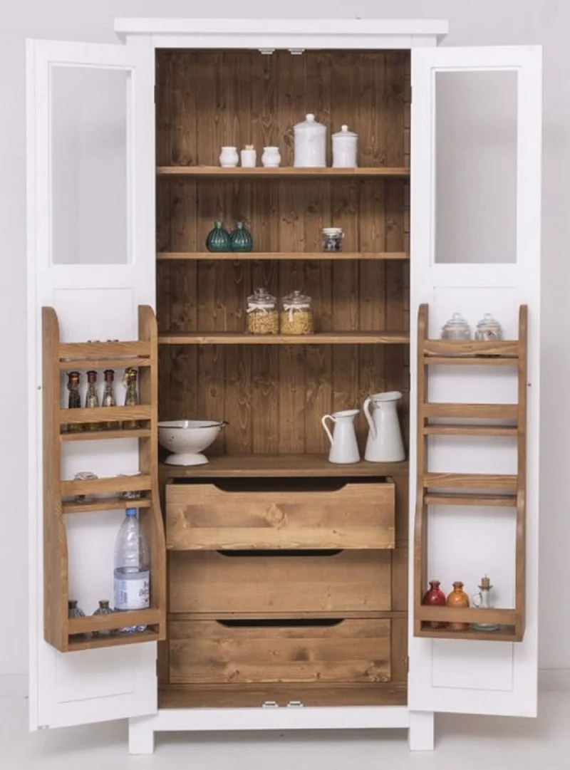 Casa Padrino Landhausstil Esszimmerschrank Weiß / Naturfarben 96 x 65 x H. 220 cm - Massivholz Küchenschrank mit 2 Türen - Esszimmer Möbel im Landhausstil - Landhausstil Esszimmer Einrichtung