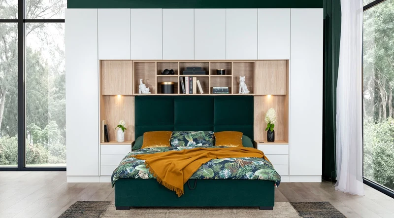 Casa Padrino Luxus Schlafzimmer Möbel Set Matt Weiß / Naturfarben / Grün / Schwarz - Doppelbett mit Schlafzimmerschrank - Hotel Möbel - Schlafzimmer Möbel - Luxus Möbel - Luxus Einrichtung