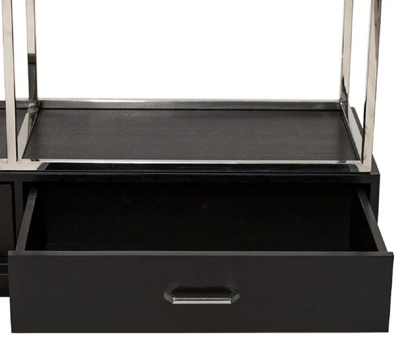 Casa Padrino Regalschrank mit Leiter Silber / Schwarz 220 x 45 x H. 240 cm - Bücherschrank - Wohnzimmer Schrank - Büro Schrank - Wohnzimmer Möbel - Büro Möbel - Luxus Möbel