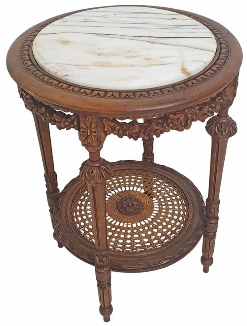 Casa Padrino Barock Beistelltisch Braun / Weiß - Runder Barockstil Massivholz Tisch mit Marmorplatte - Wohnzimmer Möbel im Barockstil - Barock Möbel