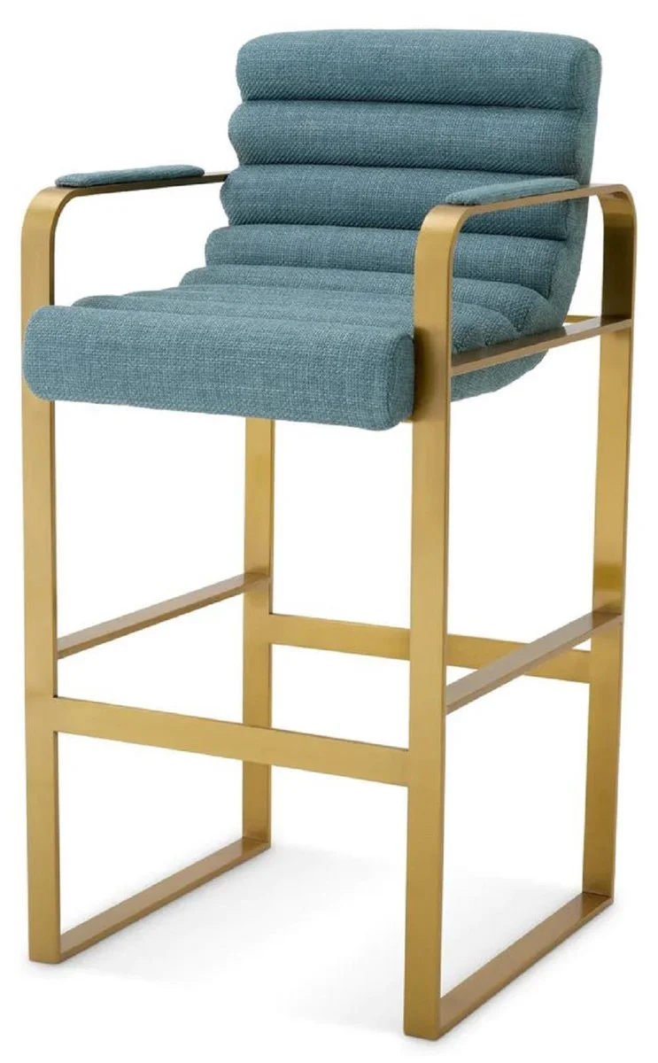 Casa Padrino Luxus Barstuhl mit Armlehnen Blau / Messing 53,5 x 57,5 x H. 107 cm - Gepolsterter Edelstahl Barhocker - Bar Möbel - Luxus Möbel - Luxus Qualität