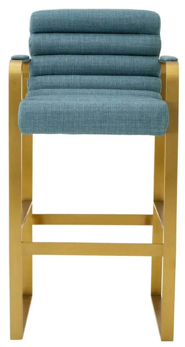Casa Padrino Luxus Barstuhl mit Armlehnen Blau / Messing 53,5 x 57,5 x H. 107 cm - Gepolsterter Edelstahl Barhocker - Bar Möbel - Luxus Möbel - Luxus Qualität
