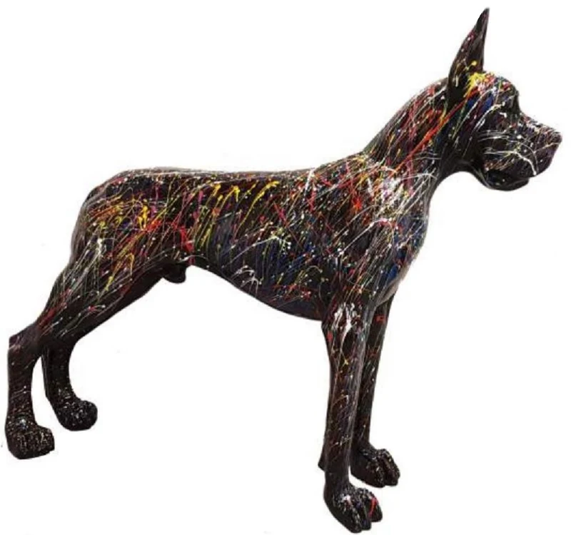 Casa Padrino Luxus Deko Skulptur Hund Dogge Schwarz / Bunt 125 x H. 110 cm - Lebensgroße Deko Figur - XXL Deko Skulptur - XXL Deko Figur - Wohnzimmer Deko - Garten Deko - Luxus Deko XXL Figuren