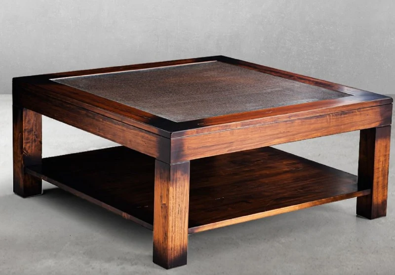 Casa Padrino Luxus Vintage Stil Couchtisch Braun 100 x 100 x H. 45,5 cm - Quadratischer Massivholz Wohnzimmertisch mit Glasplatte - Vintage Stil Wohnzimmer Möbel - Luxus Möbel