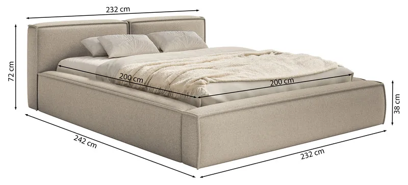 Polsterbett 200x200 cm Tilves Slim Low mit Stauraum, Metallrahmen, beige Chenille