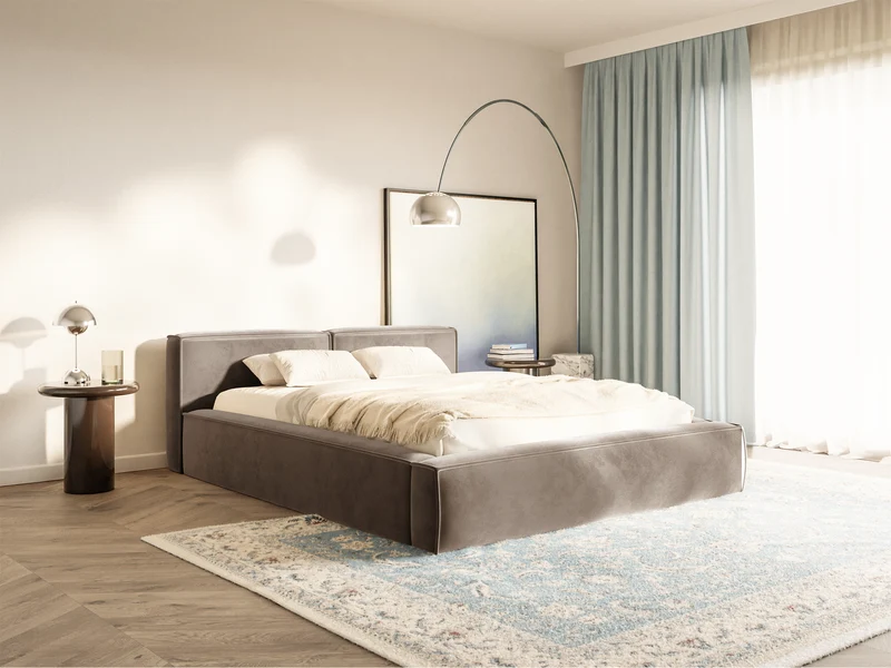Polsterbett 160x200 cm Tilves Slim Low mit Stauraum, Metallrahmen, hellbrauner Samt