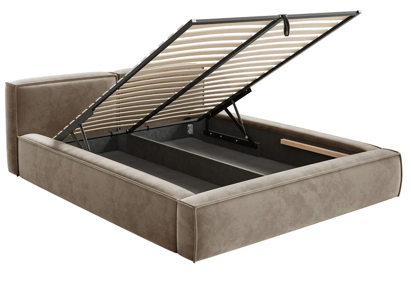 Polsterbett 160x200 cm Tilves Slim Low mit Stauraum, Metallrahmen, hellbrauner Samt