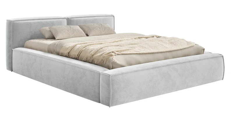Polsterbett 160x200 cm Tilves Slim Low mit Stauraum, Metallrahmen, hellgrauer Samt
