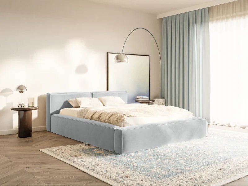 Polsterbett 160x200 cm Tilves Slim Low mit Stauraum, Metallrahmen, hellgrauer Samt