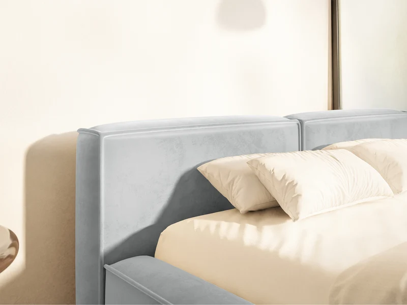 Polsterbett 160x200 cm Tilves Slim Low mit Stauraum, Metallrahmen, hellgrauer Samt