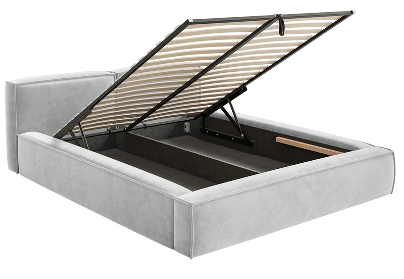 Polsterbett 160x200 cm Tilves Slim Low mit Stauraum, Metallrahmen, hellgrauer Samt