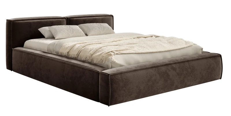 Polsterbett 140x200 cm Tilves Slim Low mit Stauraum, Metallrahmen, brauner Samt