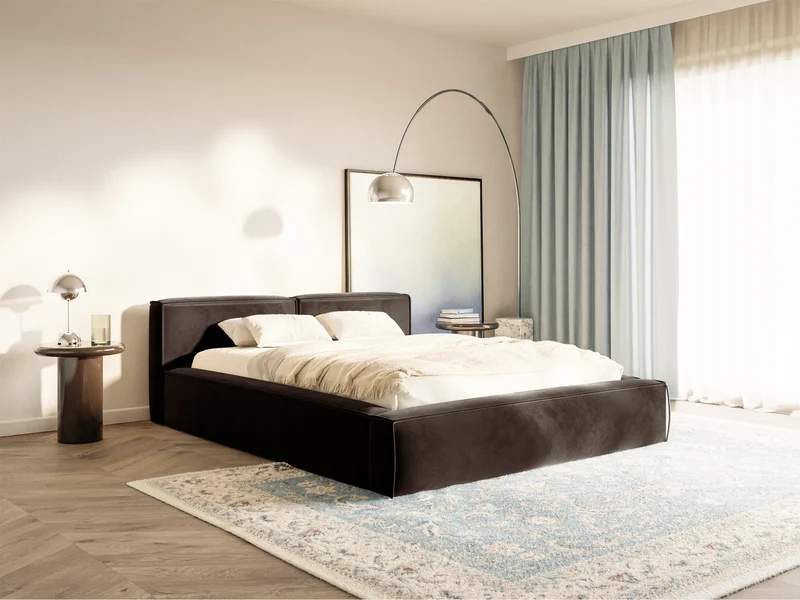 Polsterbett 140x200 cm Tilves Slim Low mit Stauraum, Metallrahmen, brauner Samt