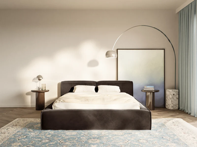 Polsterbett 140x200 cm Tilves Slim Low mit Stauraum, Metallrahmen, brauner Samt