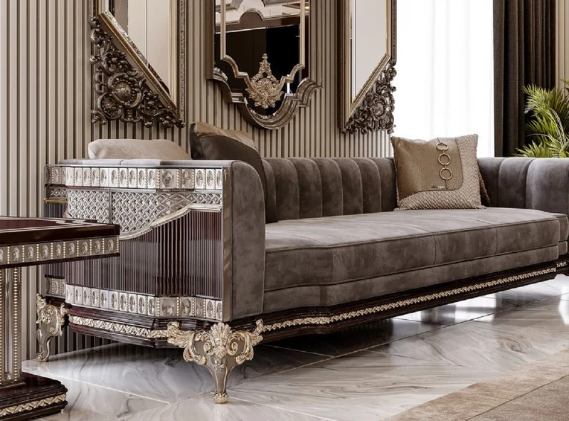Casa Padrino Luxus Barock Sofa Grau / Dunkelbraun / Gold 265 cm