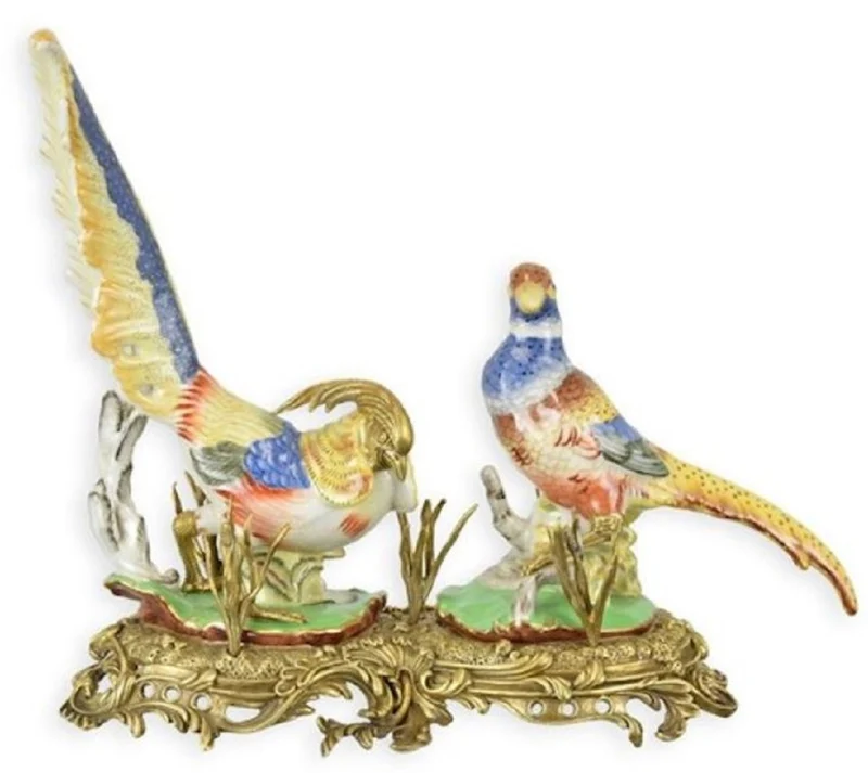 Casa Padrino Jugendstil Porzellan Deko Fasane Mehrfarbig / Messing 39 x 18,3 x H. 32,5 cm - Schreibtisch Deko - Barock & Jugendstil Deko Accessoires