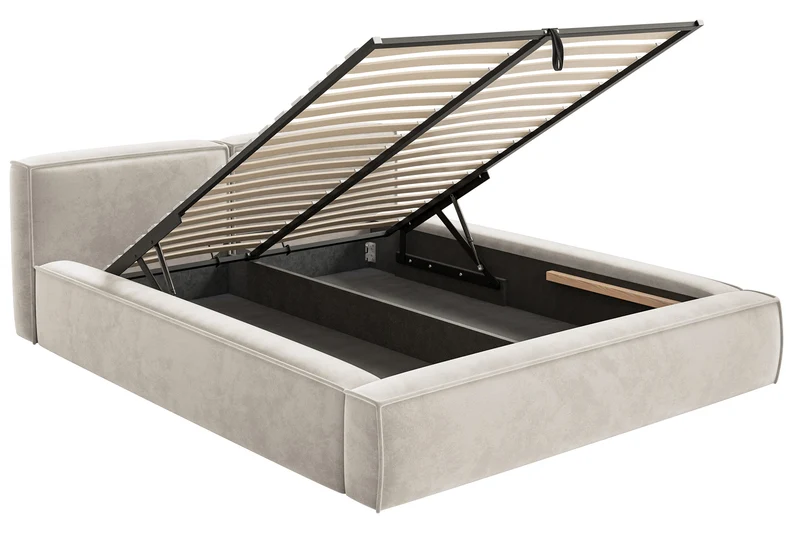 Polsterbett 180x200 cm Tilves Slim Low mit Stauraum, Metallrahmen, grau-beiger Samt