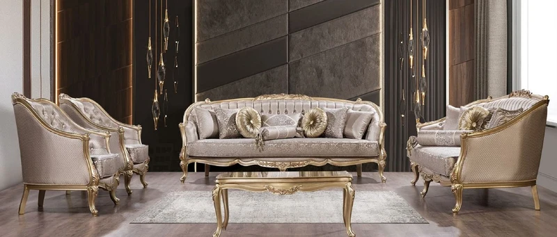 Casa Padrino Luxus Barock Wohnzimmer Set Silber / Gold - 2 Barock Sofas & 2 Barock Sessel & 1 Barock Couchtisch - Luxus Wohnzimmer Möbel im Barockstil - Barock Möbel - Edel & Prunkvoll
