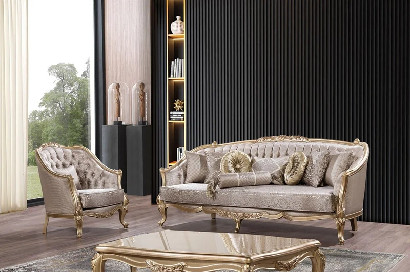 Casa Padrino Luxus Barock Wohnzimmer Set Silber / Gold - 2 Barock Sofas & 2 Barock Sessel & 1 Barock Couchtisch - Luxus Wohnzimmer Möbel im Barockstil - Barock Möbel - Edel & Prunkvoll