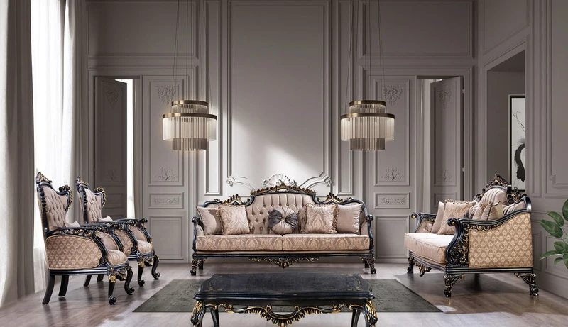 Casa Padrino Luxus Barock Wohnzimmer Set Grau / Blau / Gold - 2 Barock Sofas & 2 Barock Sessel & 1 Barock Couchtisch - Luxus Wohnzimmer Möbel im Barockstil - Barock Möbel - Edel & Prunkvoll