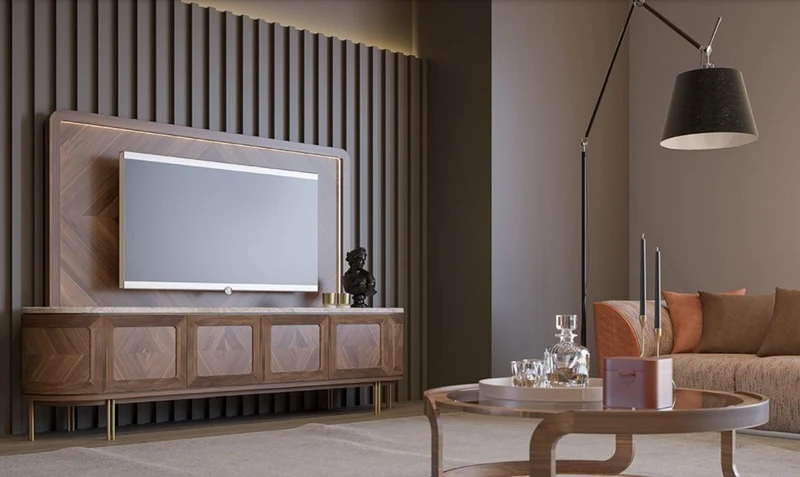 Casa Padrino Luxus TV Schrank Set Braun / Beige / Messing - Wohnzimmer Sideboard mit 4 Türen & beleuchteter TV Rückwand - Wohnzimmer Möbel - Hotel Möbel - Luxus Möbel
