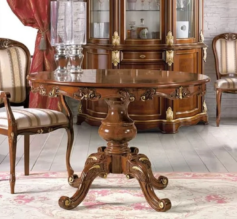 Casa Padrino Luxus Barock Esstisch Braun / Gold - Ausziehbarer Barock Esszimmertisch - Runder Barock Küchentisch - Barock Esszimmer Möbel - Luxus Qualität - Made in Italy