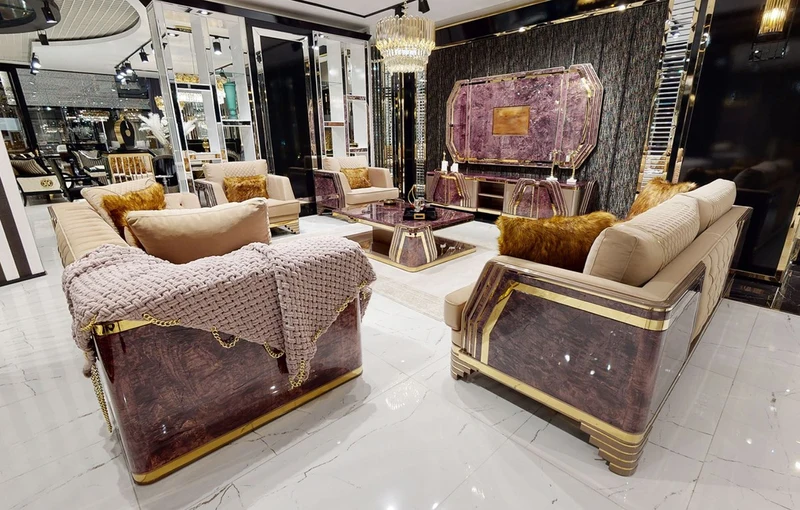 Casa Padrino Luxus Art Deco Sessel Beige / Lila / Grau / Gold - Edler Wohnzimmer Sessel mit Marmoroptik - Luxus Art Deco Wohnzimmer & Hotel Möbel