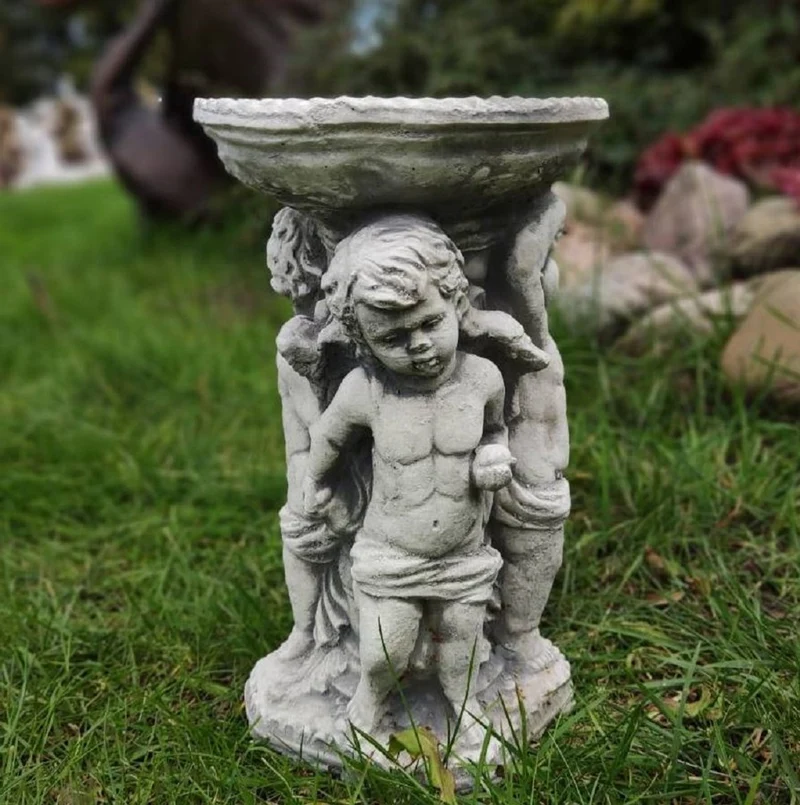 Casa Padrino Jugendstil Vogeltränke Engel Grau H. 27 cm - Garten Deko Stein Vogelbad - Jugendstil Garten & Terrassen Deko Accessoires - Gartenmöbel im Jugendstil
