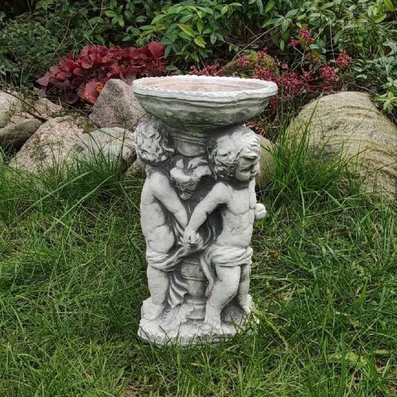 Casa Padrino Jugendstil Vogeltränke Engel Grau H. 27 cm - Garten Deko Stein Vogelbad - Jugendstil Garten & Terrassen Deko Accessoires - Gartenmöbel im Jugendstil